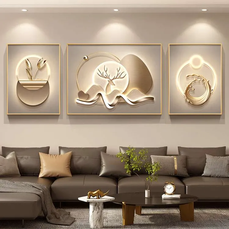 石来运转客厅装饰画轻奢大气沙发背景墙挂画高级感麋鹿三联壁画