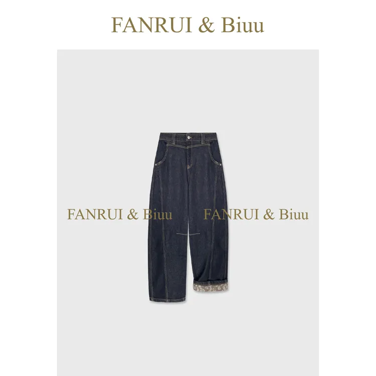 FANRUI/泛芮「贝贝biuu」明线复古褶位显瘦百搭弯刀牛仔裤女B18796