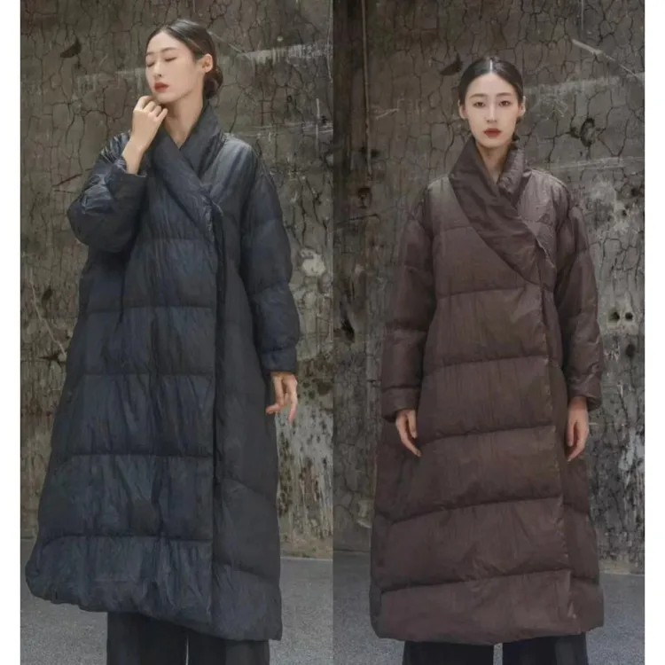 秋冬时尚加厚保暖过膝复古女汉麻羽绒服