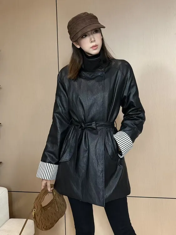 厚款加绒秋季长袖水洗皮系带绑带皮衣网红上衣城市机能风AM25661