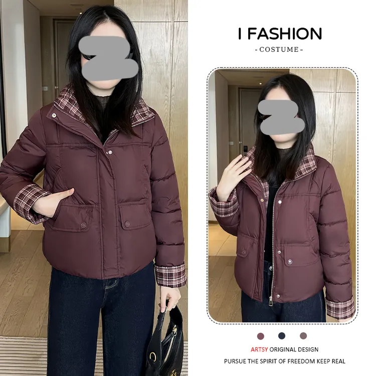 加厚保暖格子拼接短款棉服女2025年冬季新款设计感百搭遮肉外套潮