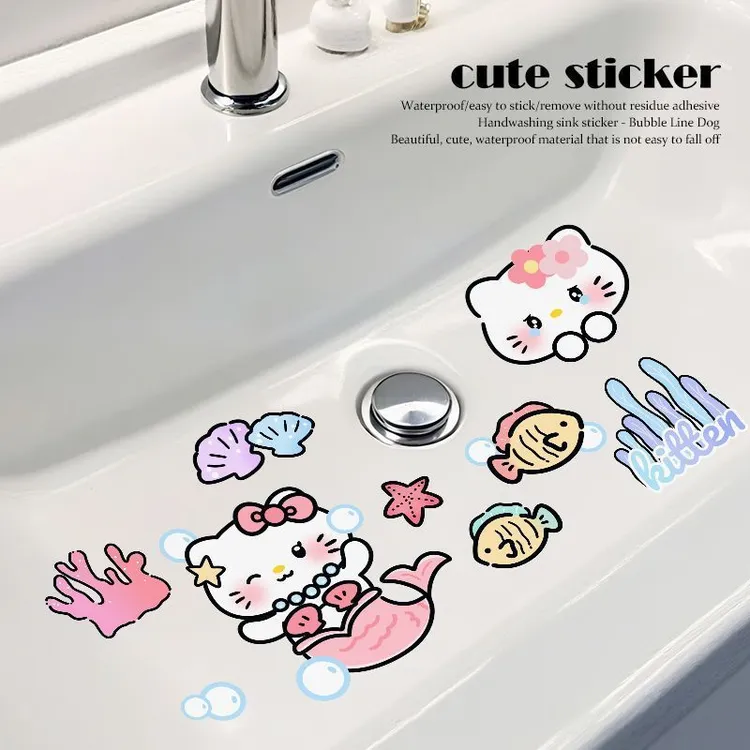 卡通kt猫卫生间浴室厨房瓷砖贴纸遮丑洗手台洗手池防水贴纸贴画