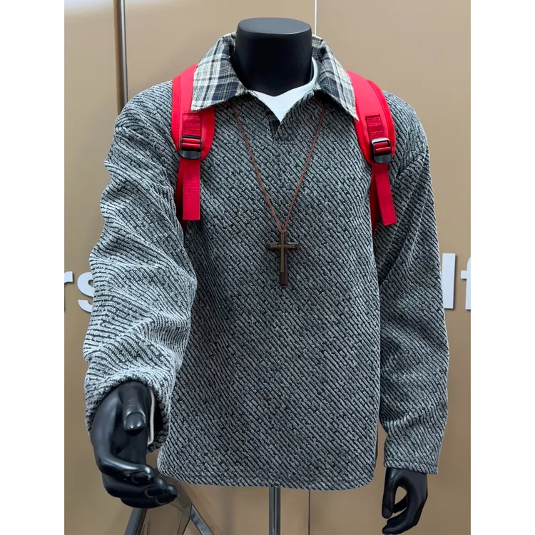 美式复古假两件拼接格纹领卫衣男秋冬加绒内搭套头小香风针织外套