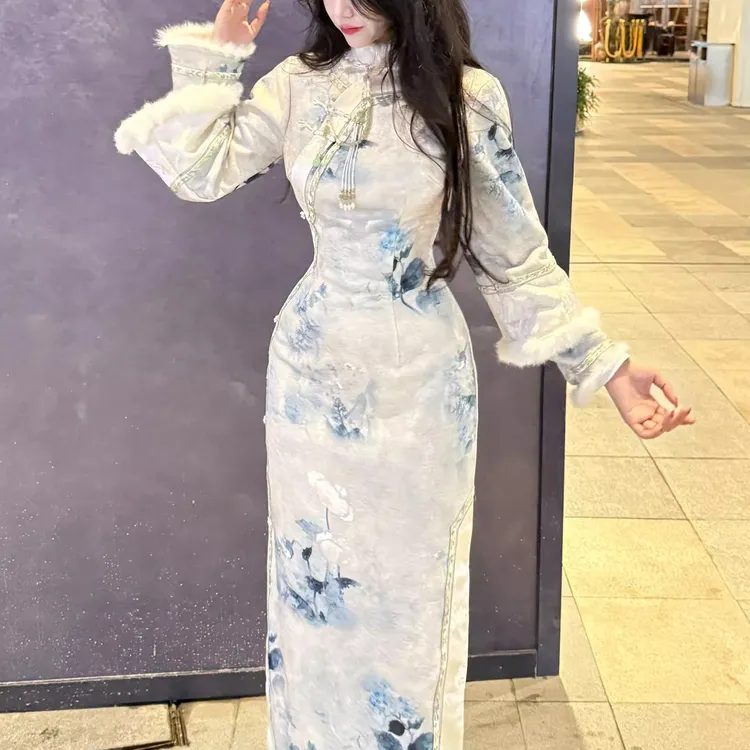 国风新中式改良旗袍连衣裙少女厚款长袖旗袍绝美裙子 清宫晚香玉