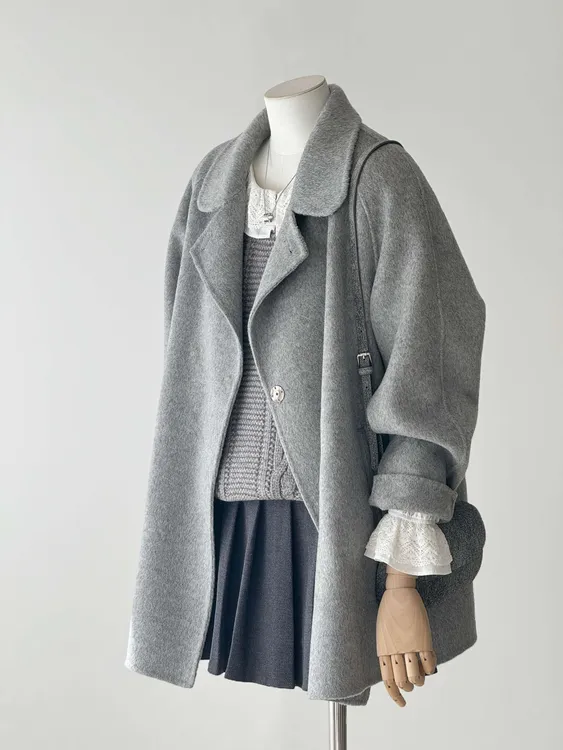 灰色双面羊绒大衣女秋冬新款甜美千金风可爱娃娃领小个子羊毛外套