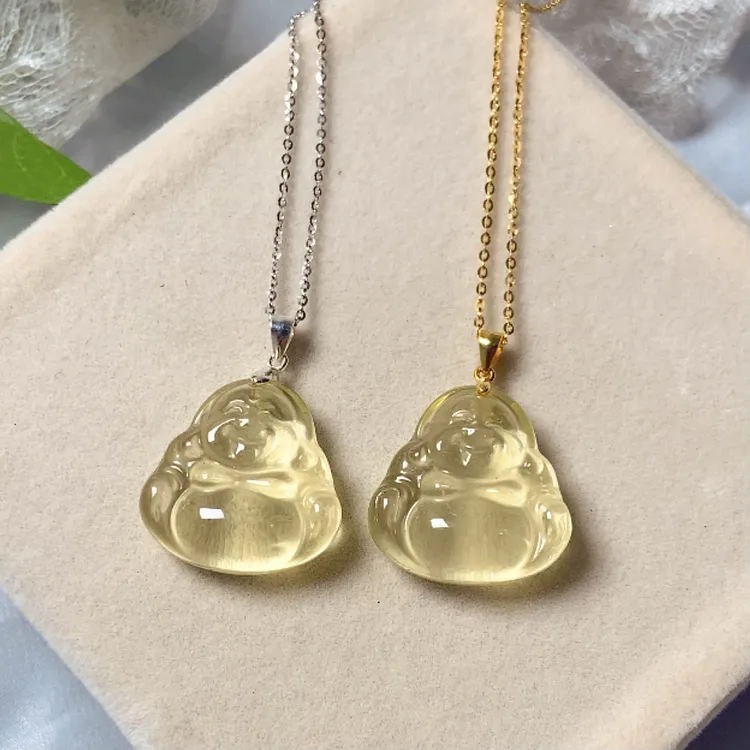 天然黄水晶弥勒佛吊坠大肚佛项链锁骨链女招财保平安佛公玉石饰品