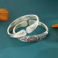 足银手镯 凤穿牡丹手镯美开乐复古纯手工民族风实心雕刻纯银手镯