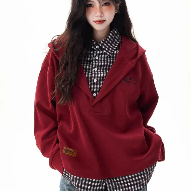 假两件格子拼接连帽卫衣男款秋季oversize高级感美式复古情侣外套