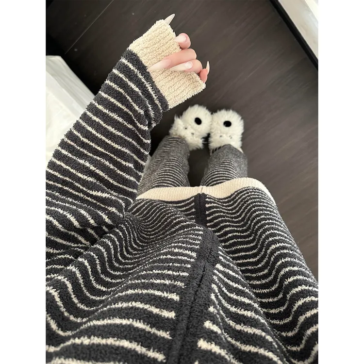 慵懒撞色条纹针织半边绒睡衣女秋冬季加厚保暖2025新款家居服套装