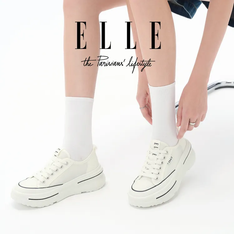 ELLE网面透气厚底帆布鞋女2025秋季新款时尚配裙子单鞋增高休闲鞋