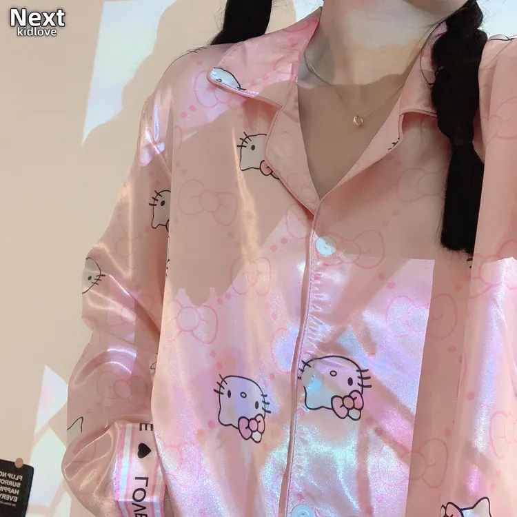 NEXT冰丝新款秋季日系网红风睡衣长袖卡通可爱少女家居服两件套