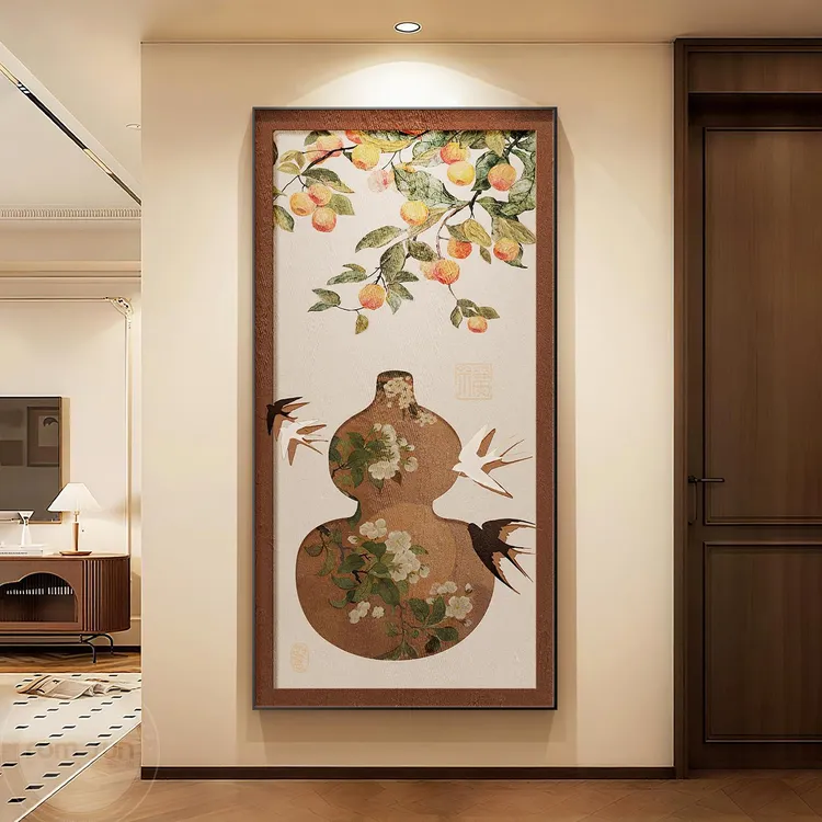 中古风进门玄关装饰画葫芦寓意好客厅壁画竖柿柿如意走廊过道挂画