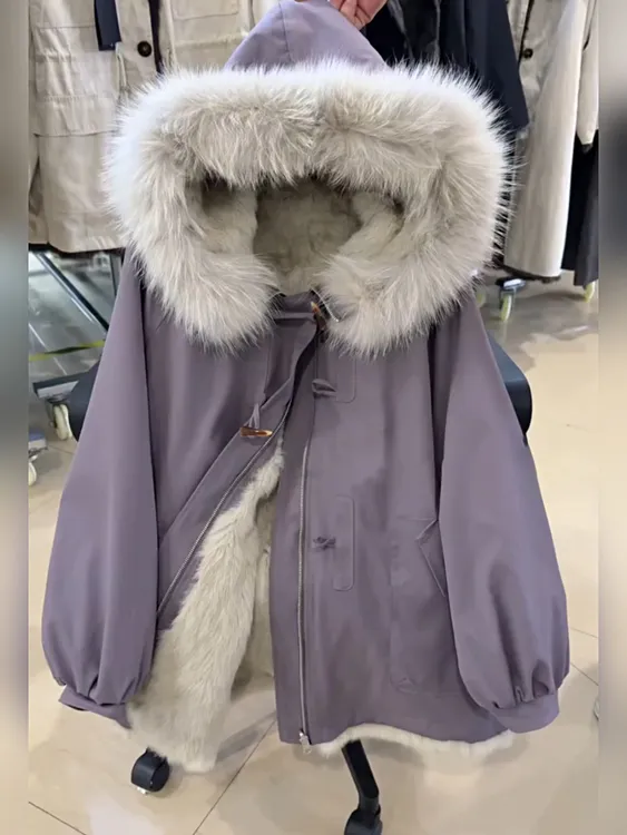 2026春季新款时尚高级感紫色加绒派克服女韩版宽松中长款工装外套