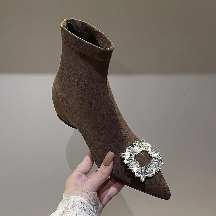 内增高短靴女春秋单靴法式尖头水钻方扣绒面百搭后拉链短筒瘦瘦靴