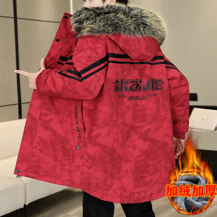 冬季中长款派克服加绒加厚青少年男外套潮流帅气时尚保暖连帽风衣