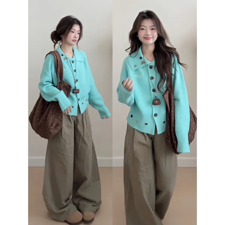 慵懒风蓝色翻领软糯毛衣外套女秋冬新款小个子宽松显瘦针织开衫潮