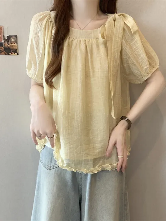 法式木耳边短袖衬衫女2025夏新款轻薄大码胖mm显瘦遮肚娃娃衫上衣