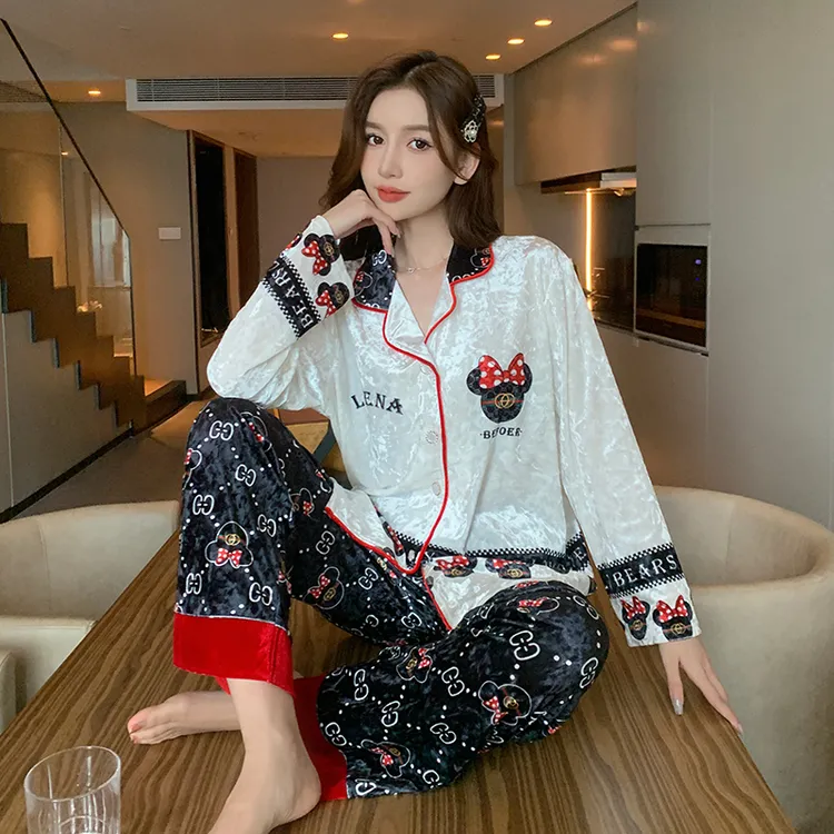 【金丝绒】小香风秋冬季气质卡通宽松休闲加绒加厚睡衣家居服套装女