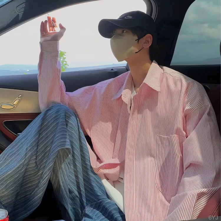 流行衬衫衬衣小众条纹】青春宽松设计感小韩版港风【百搭张家蓝色