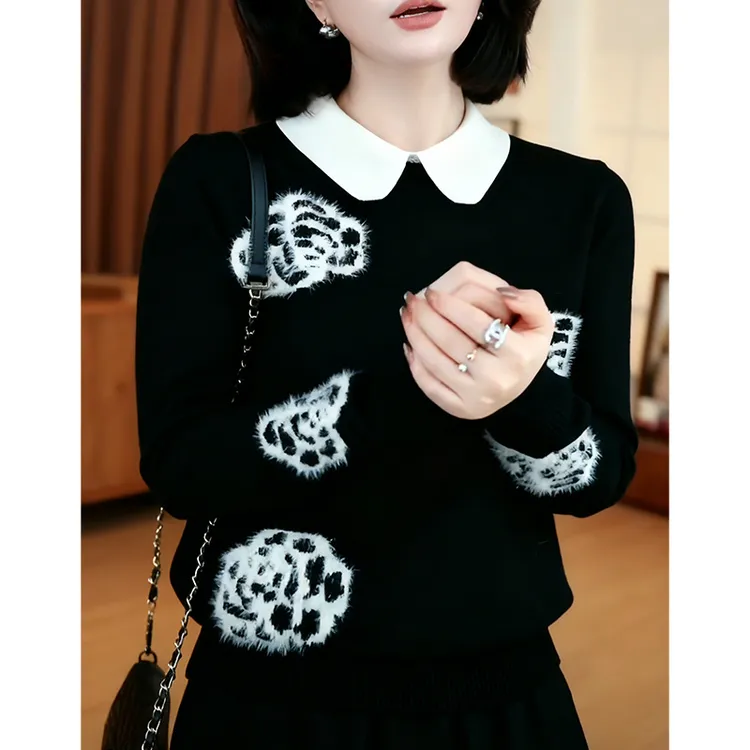 小众精致感花朵拼色假两件针织衫女秋冬新款时尚气质减龄百搭毛衣