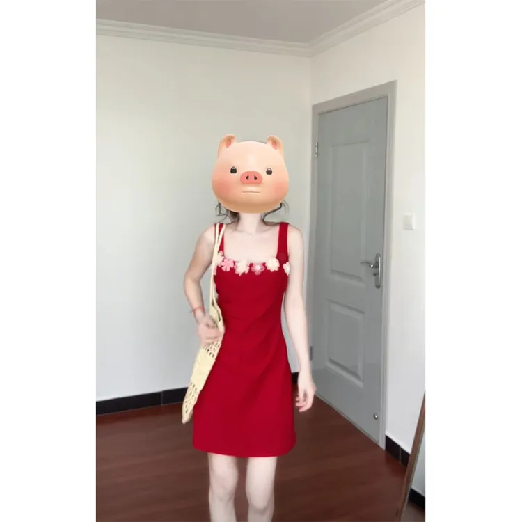 【月下花语】娇艳人间2025夏季新款复古红色收腰显瘦背心连衣裙短裙