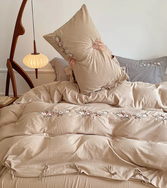 新款母婴级水洗棉四件套高级感刺绣柔软被套床单人床上四件套被套