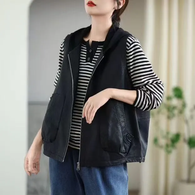 无袖马甲圆领V领口袋水洗皮衣外套百搭网红短款秋季复古PU水洗皮