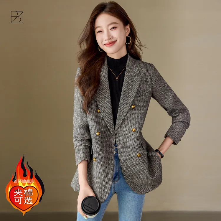 『暖暖』灰色毛呢西装外套女春秋新款韩版高端气质时尚休闲宽松西服