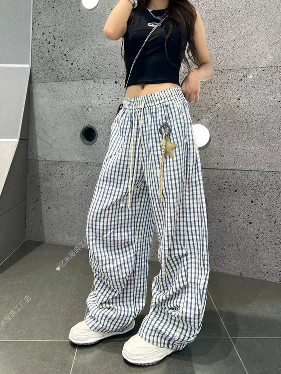 夏季薄款潮酷宽松垂感慵懒风格子弯刀休闲裤