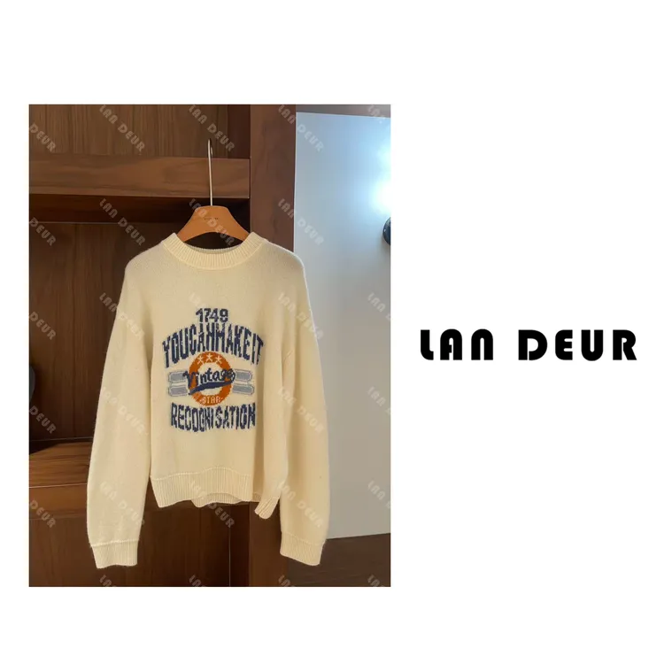 【桃桃有约】绵羊毛+山羊绒圆领字母针织衫时尚慵懒套头上衣