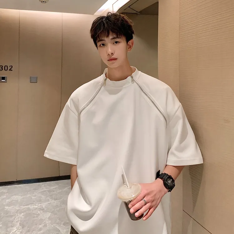 美式短袖T恤男款小众潮流双拉链设计帅气ins五分半袖圆领体恤上衣