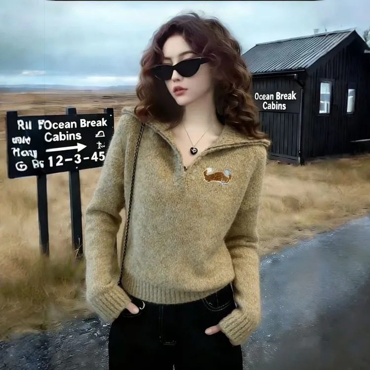 巨好看的针织洋气冬季穿搭女2025年新款翻领上衣时尚爆款宽松显瘦