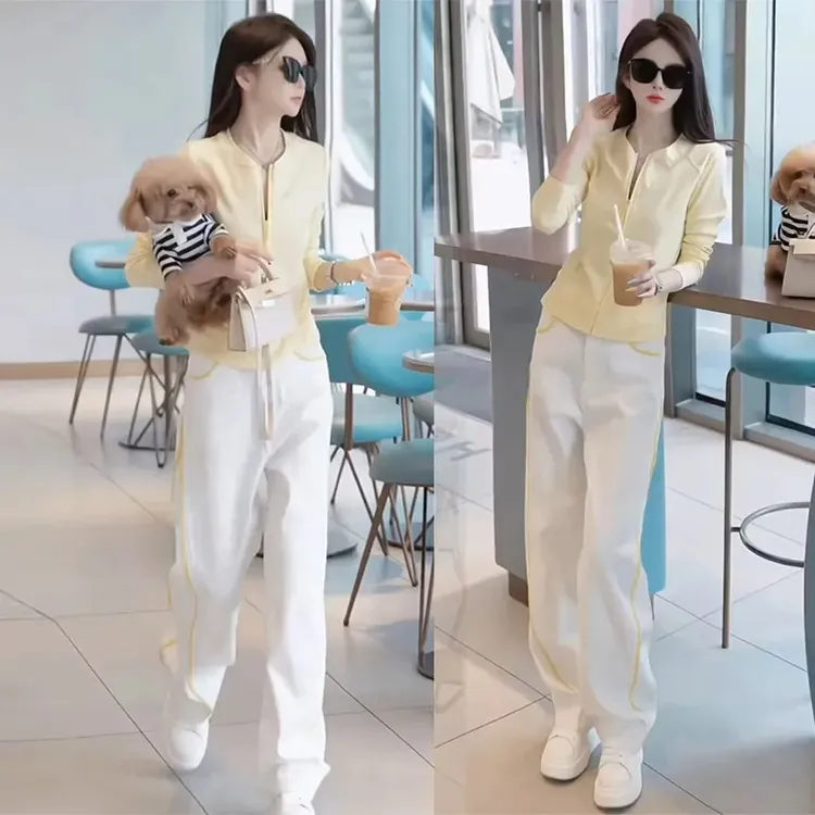 休闲时尚春秋季韩系小个子显高修身减龄黄色长袖洋气休闲裤一整套