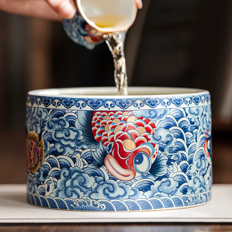 高端草木灰纳福龙鱼青花满彩大号茶洗家用陶瓷废水茶渣缸洗杯茶缸