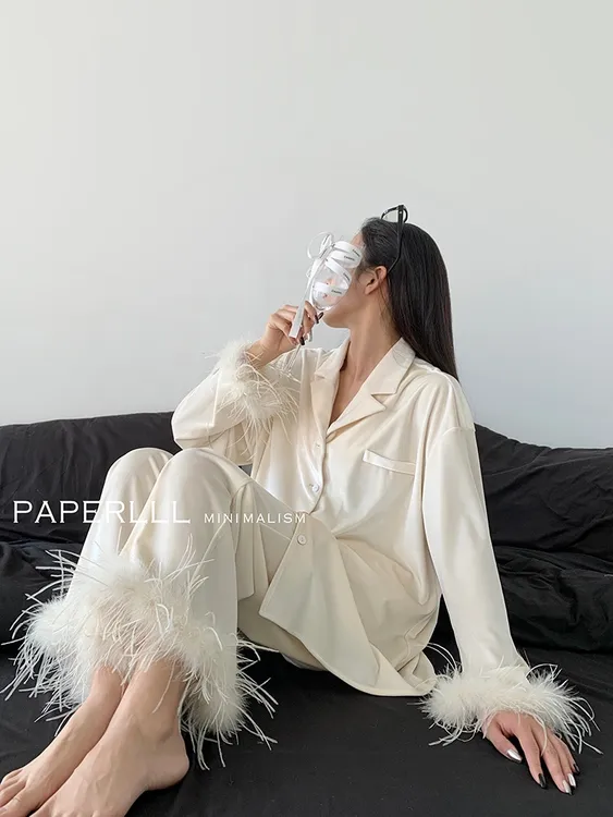轻奢海岛绒睡衣套装女秋冬2025新款高级感家居服鸵鸟羽毛袖两件套