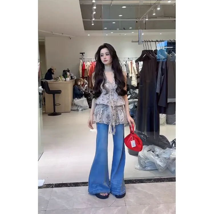 纯欲风辣妹性感V领绑带露背豹纹背心上衣高腰显瘦休闲微喇牛仔裤