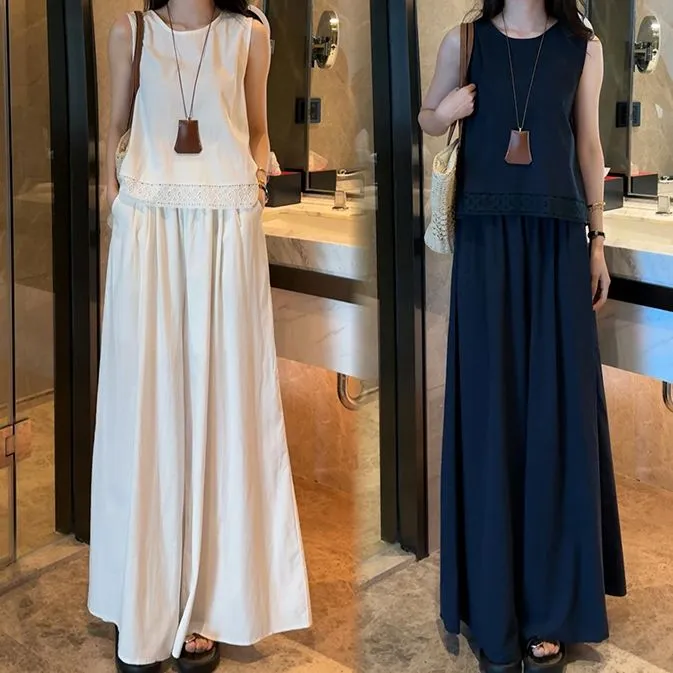 时尚套装女2025夏季新款时髦洋气镂空无袖上衣阔腿裤气质两件套潮