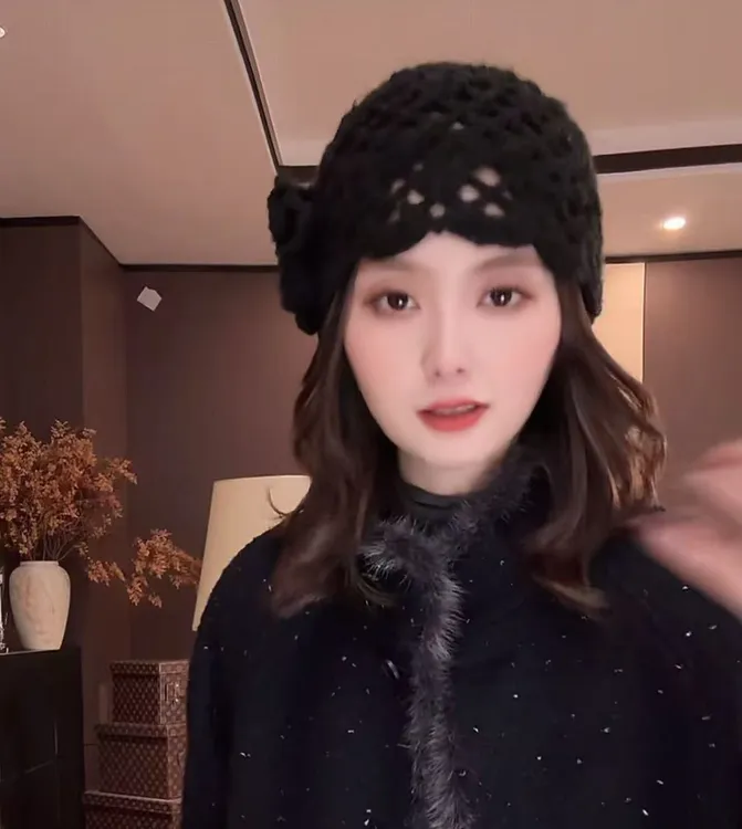 R123571W蕾丝时尚包头帽黑色朋克风秋冬针织帽帽子针织冬季