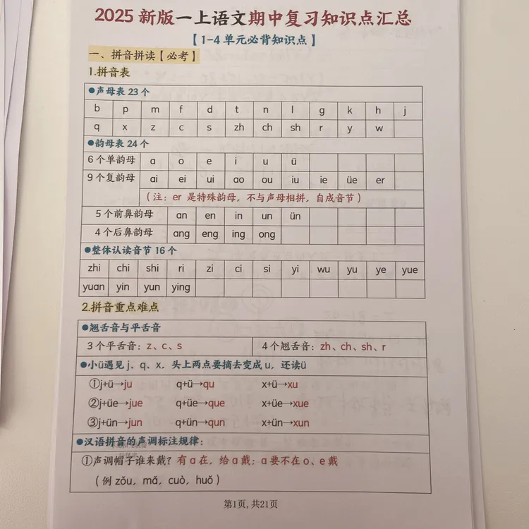 25新一年级上册语文期中复习考点通关知识点+练习+答案