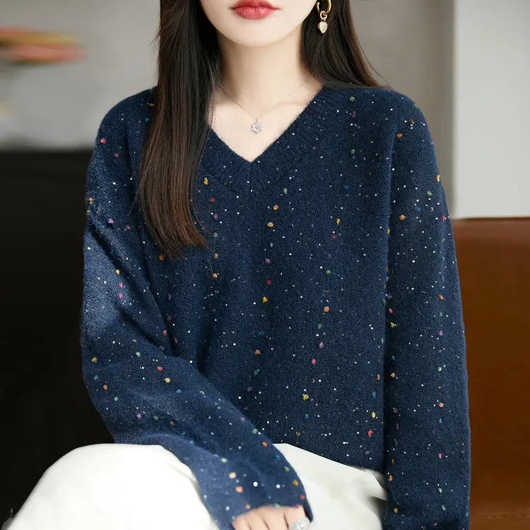 V领蓝色纯100羊毛衫女秋冬时尚慵懒风宽松显瘦毛衣内搭羊绒打底衫