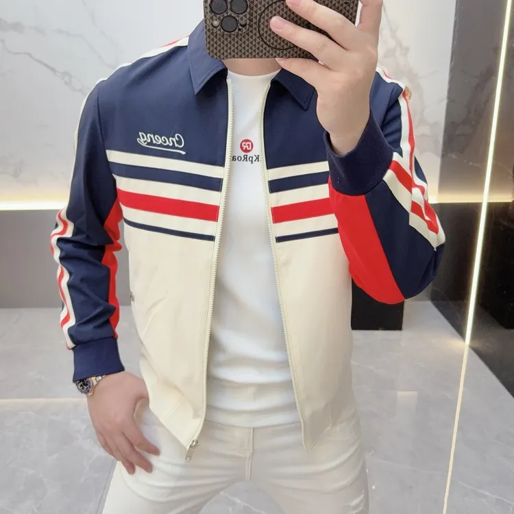 男士夹克2025秋冬新款加棉欧货三色拼接拉链网红条纹修身翻领外套