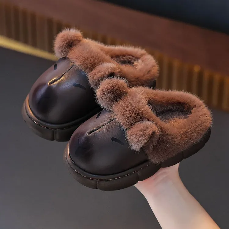 卡皮巴拉儿童棉拖鞋冬季男童女童室内皮面防水中大童小孩宝宝棉鞋