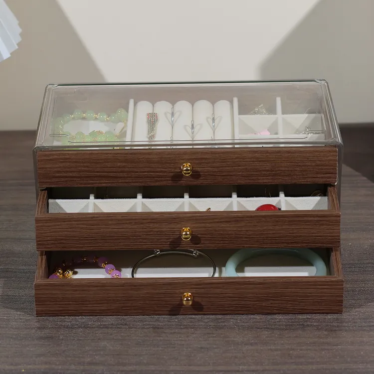 首饰盒/箱 复古高档胡桃木纹多层首饰收纳盒耳钉戒指项链多格饰品