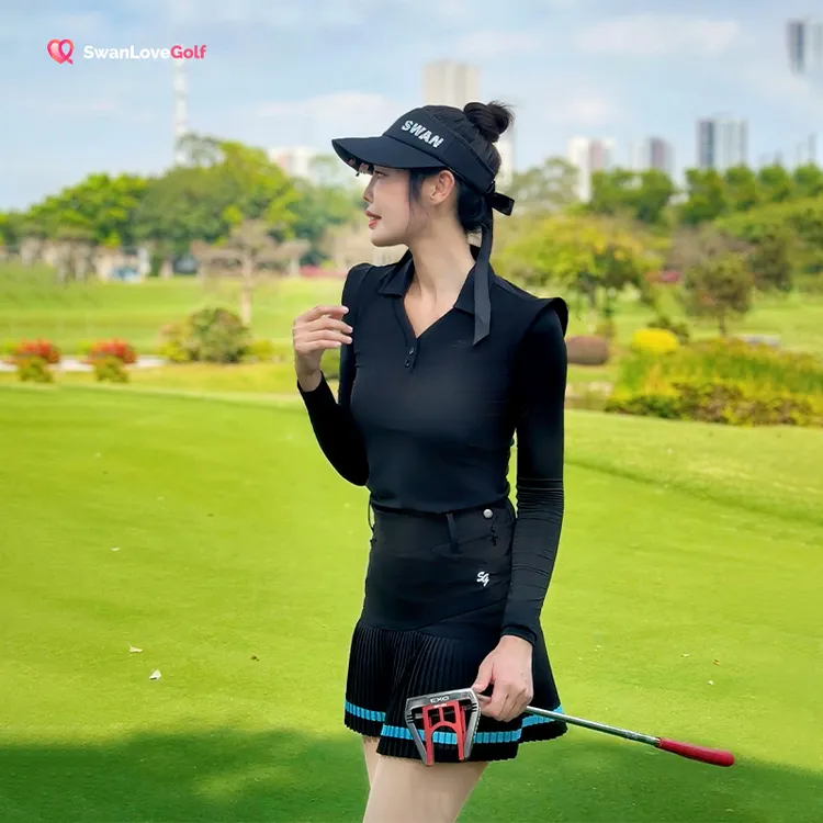 高尔夫服装女款春夏冰感翻领长袖T恤简约小飞袖纯色防走光百褶裙