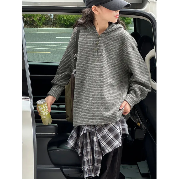 K29899孙小美复古条纹女童卫衣2025秋冬装新款儿童连帽上衣打底衫