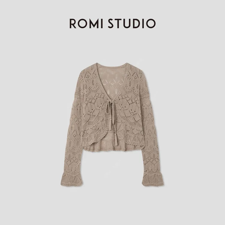 ROMI STUDIO“随性松弛”天然亚麻法式镂空编织系带开衫 RWCRSZ4589