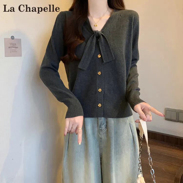 拉夏贝尔小香风蝴蝶结针织衫女秋冬季胖MM高级感减龄气质开衫上衣