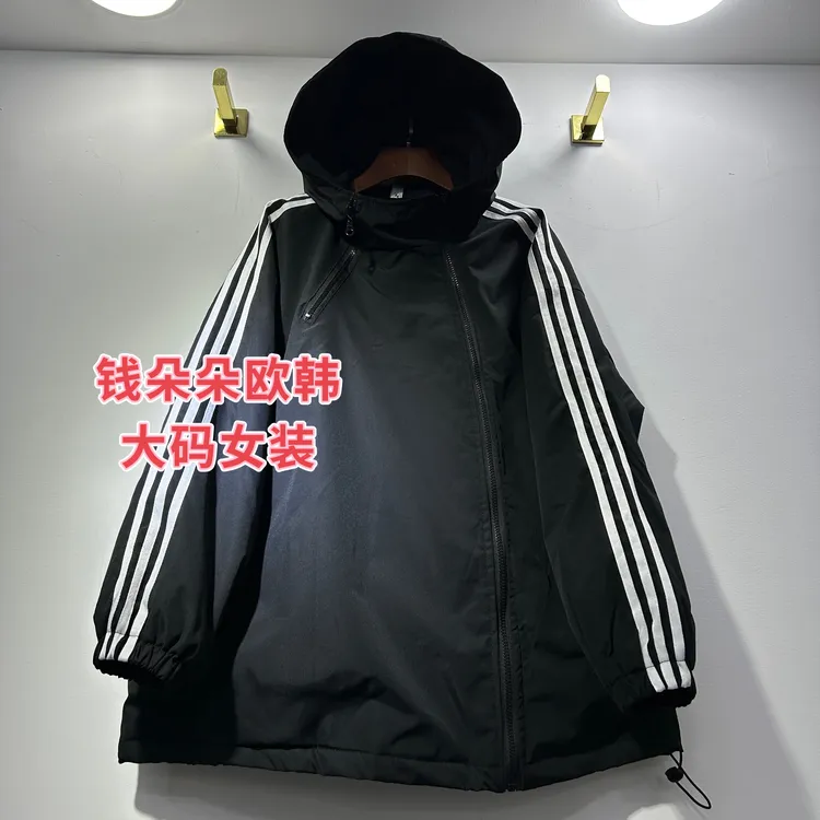 欧货 2025秋季新款潮流时尚休闲斜拉链设计感连帽夹棉冲锋衣外套