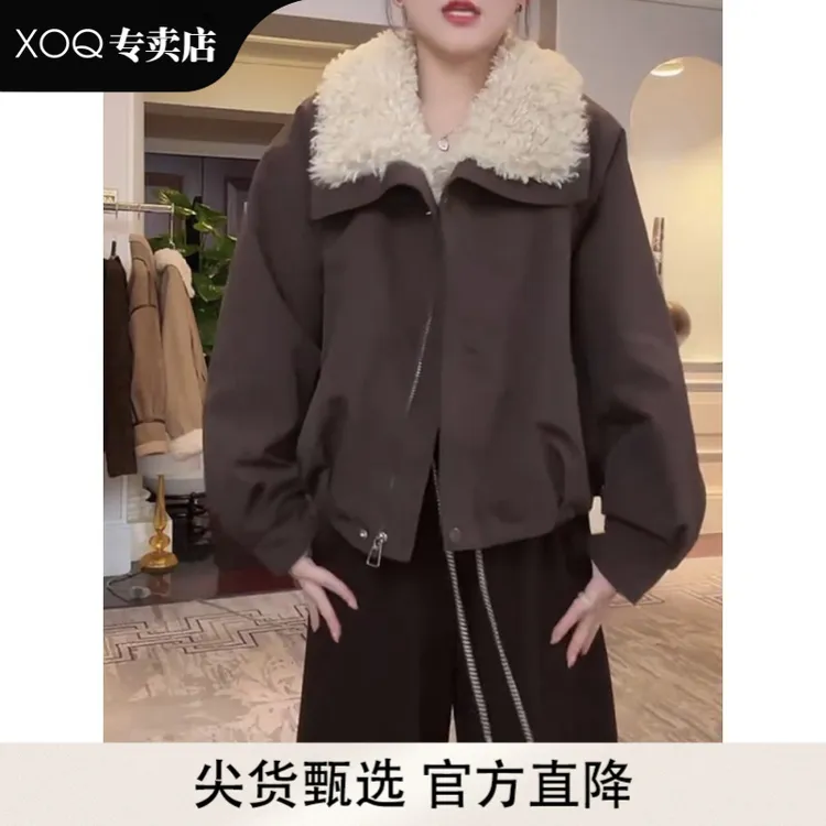 XOQ冬季保暖复古宽松短款拼接翻领厚款加绒外套上衣韩版日常女装