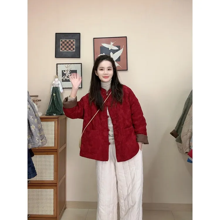 红色新中式国风拜年服新年战衣女装冬季新款改良唐装棉服外套上衣
